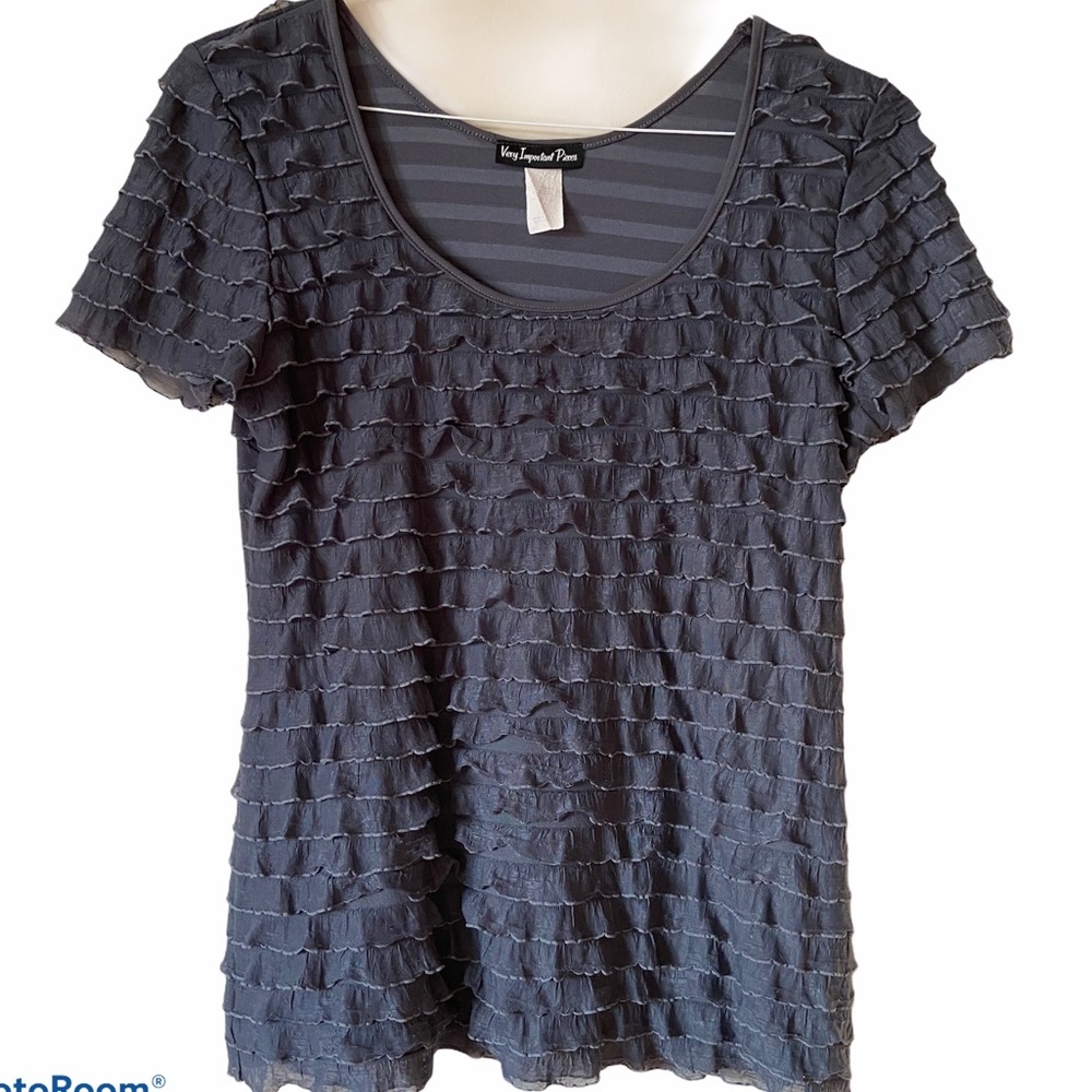 Womens Ruffle Grey Short Sleeve Top Medium